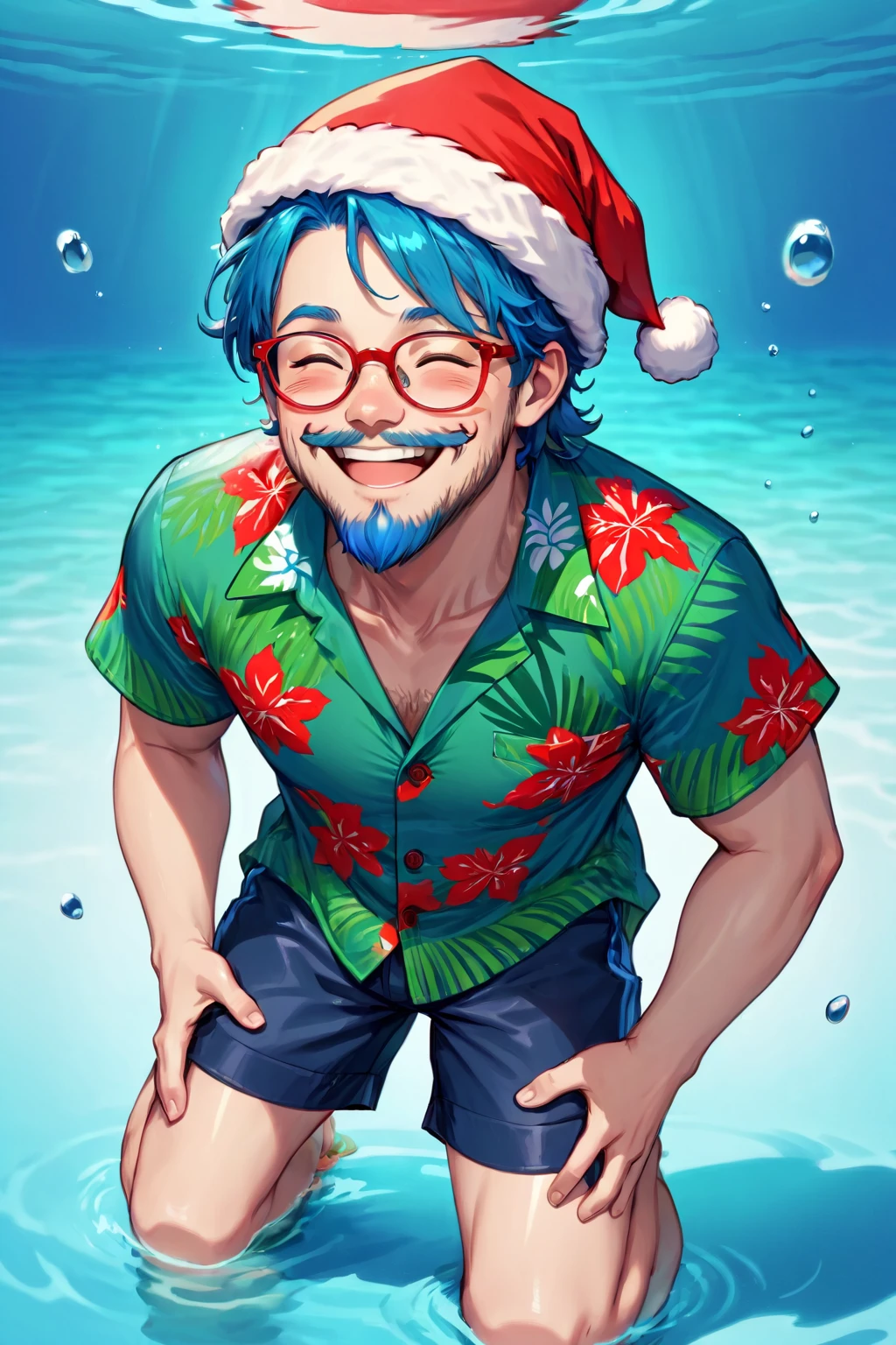 Santa Overlords Style, greenteam, solo, smile, shirt, 1boy, hat, holding, closed eyes, short sleeves, male focus, glasses, shorts, water, facial hair, blue shirt, red headwear, innertube, afloat, leg hair, hawaiian shirt, <lora:AI_Overlord_Santas_-_The_Green_Team_LoRA:1>