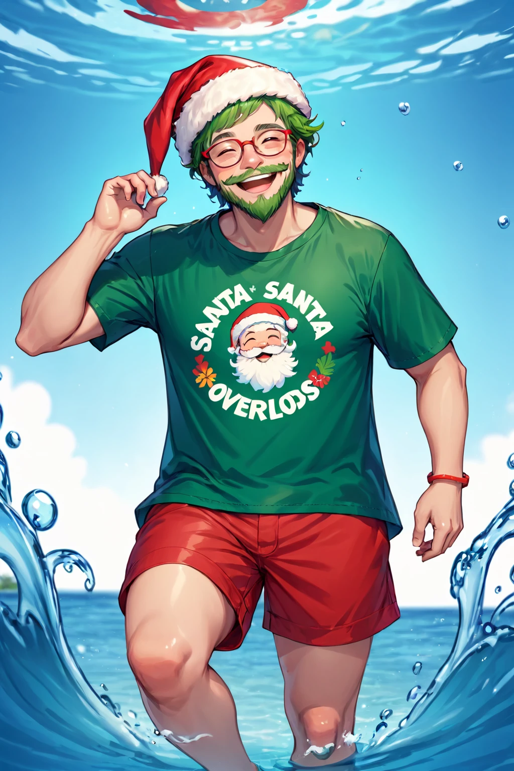 Santa Overlords Style, greenteam, solo, smile, shirt, 1boy, hat, holding, closed eyes, short sleeves, male focus, glasses, shorts, water, facial hair, blue shirt, red headwear, innertube, afloat, leg hair, hawaiian shirt, <lora:AI_Overlord_Santas_-_The_Green_Team_LoRA:1>