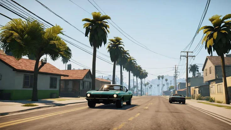 outdoors, multiple boys, sky, tree, ground vehicle, scenery, motor vehicle, palm tree, car, road, vehicle focus, power lines, street , unreal engine 5 , GTA screenshot, gta VI, gta 6 , <lora:GTA_Style:0.95>