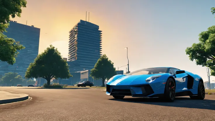 1girl, sitting, outdoors, sky, day, english text, tree, blue sky, ground vehicle, building, motor vehicle, city, car, fake screenshot , unreal engine 5 , GTA screenshot, <lora:GTA_Style:0.75>