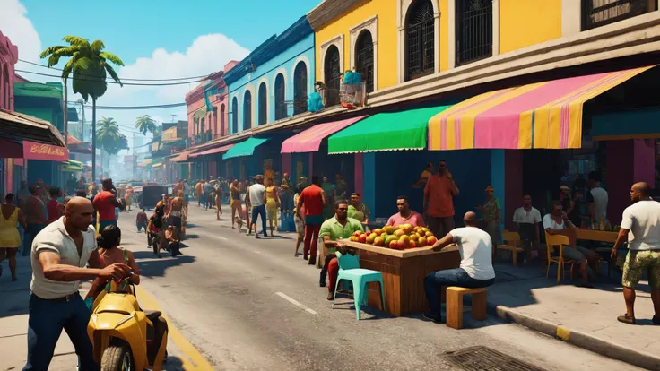 A vibrant Cuban market in Calle Ocho, bustling with activity and lively music filling the air:1.4. , unreal engine 5 , GTA screenshot, gta VI, gta 6 , <lora:GTA_Style:0.95>