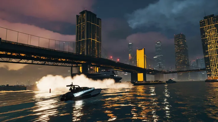 outdoors, sky, cloud, water, no humans, night, ocean, cloudy sky, ground vehicle, building, scenery, motor vehicle, city, cityscape, watercraft, bridge, river, skyscraper, boat, city lights , unreal engine 5 , GTA screenshot, gta VI, gta 6 , <lora:GTA_Style:0.95>