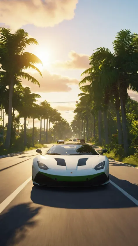 outdoors, sky, tree, no humans, ground vehicle, building, scenery, motor vehicle, city, palm tree, car, road, vehicle focus, street, sports car , A thrilling race along the winding roads of the Everglades, the lush greenery contrasting with the urban sprawl:1.4. , unreal engine 5 , GTA screenshot<lora:GTA_VI_Style:1><lora:GTA_VI_Style:1><lora:GTA_VI_Style:1><lora:GTA_VI_Style:1>