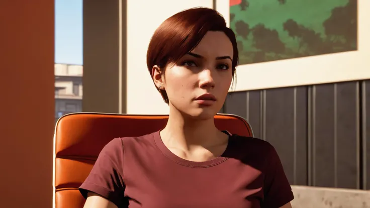 1girl, solo, looking at viewer, short hair, brown hair, shirt, brown eyes, sitting, closed mouth, upper body, short sleeves, indoors, chair, t-shirt, red shirt, realistic, orange shirt , unreal engine 5 , GTA screenshot, <lora:GTA_Style:0.9>