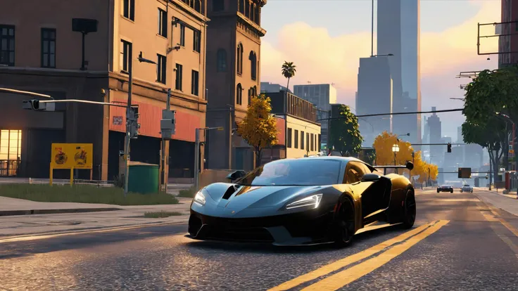 outdoors, no humans, ground vehicle, building, scenery, motor vehicle, city, car, road, vehicle focus, street, sports car , unreal engine 5 , GTA screenshot, gta VI, gta 6 , <lora:GTA_Style:0.95>