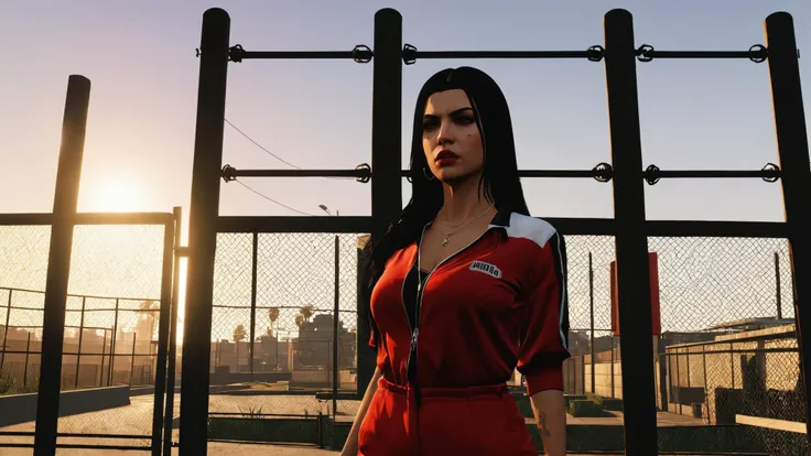 1girl, solo, long hair, black hair, indoors, lips, window, sunlight, fence, chain-link fence , unreal engine 5 , GTA screenshot, gta VI, gta 6 , <lora:GTA_Style:0.95>