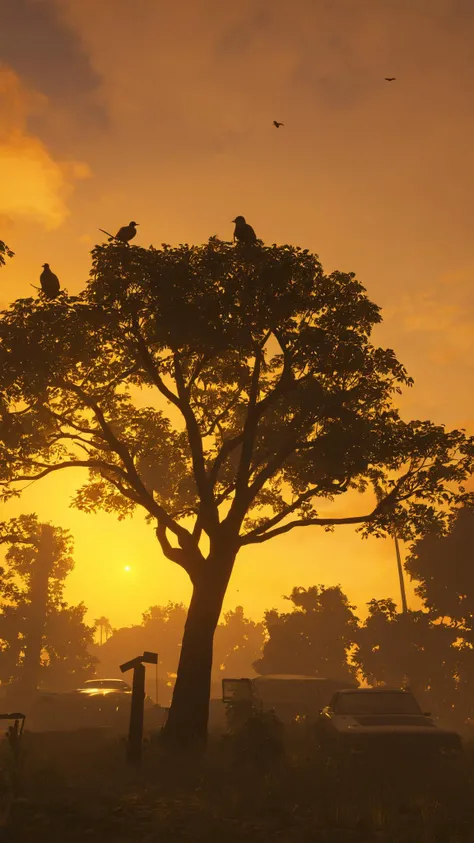 monochrome, outdoors, sky, cloud, tree, no humans, bird, scenery, sunset, yellow sky , unreal engine 5 , GTA screenshot<lora:GTA_VI_Style:1><lora:GTA_VI_Style:1><lora:GTA_VI_Style:1><lora:GTA_VI_Style:1>