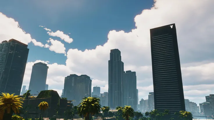 outdoors, sky, cloud, water, tree, no humans, cloudy sky, building, scenery, reflection, city, palm tree, cityscape, skyscraper, real world location , unreal engine 5 , GTA screenshot, gta VI, gta 6 , <lora:GTA_Style:0.95>
