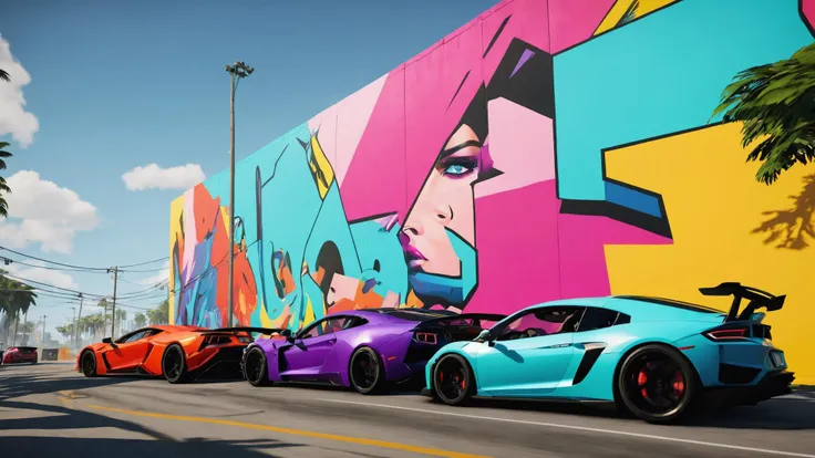 A chaotic street race through the colorful murals of Wynwood Walls, adrenaline-pumping action in an artistic setting:1.5. , unreal engine 5 , GTA screenshot, gta VI, gta 6 , <lora:GTA_Style:0.95>