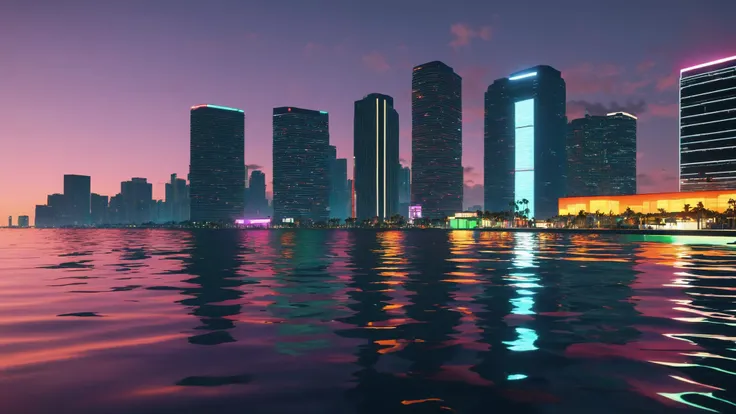 Skyscrapers dominate the skyline, their neon-lit facades reflecting off the calm waters of the Miami Beach coastline:1.3. , unreal engine 5 , GTA screenshot, gta VI, gta 6 , <lora:GTA_Style:0.95>