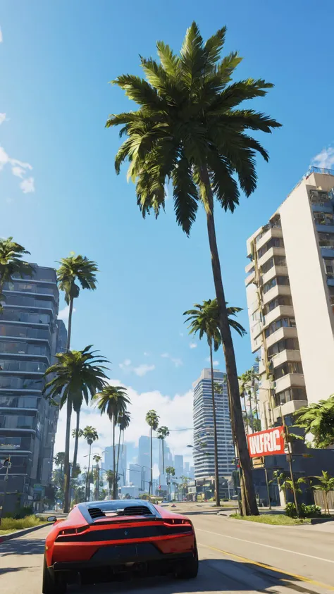 outdoors, sky, day, tree, blue sky, no humans, ground vehicle, building, scenery, motor vehicle, palm tree, car, road, vehicle focus, street, sports car, real world location , unreal engine 5 , GTA screenshot<lora:GTA_VI_Style:1><lora:GTA_VI_Style:1><lora:GTA_VI_Style:1><lora:GTA_VI_Style:1>