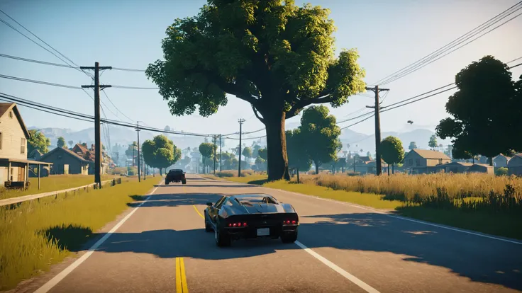 outdoors, multiple boys, sky, tree, no humans, ground vehicle, motor vehicle, 6+boys, car, road, vehicle focus, power lines, street , unreal engine 5 , GTA screenshot, <lora:GTA_Style:0.75>