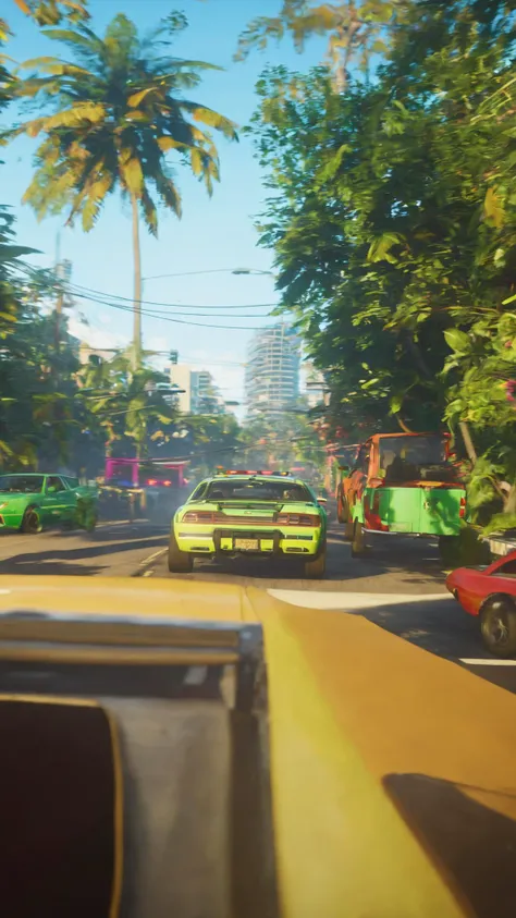 A chaotic car chase through the vibrant streets of Coconut Grove, the lush greenery providing a contrasting backdrop:1.4. , unreal engine 5 , GTA screenshot<lora:GTA_VI_Style:1><lora:GTA_VI_Style:1><lora:GTA_VI_Style:1><lora:GTA_VI_Style:1><lora:GTA_VI_Style:1><lora:GTA_VI_Style:1><lora:GTA_VI_Style:1><lora:GTA_VI_Style:1>