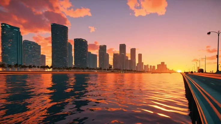 Speeding down the MacArthur Causeway, the Miami skyline glistening against the backdrop of a fiery sunset:1.4. , unreal engine 5 , GTA screenshot, gta VI, gta 6 , <lora:GTA_Style:0.95>