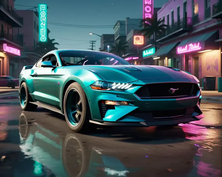 front view of Ford Mustang Bullit edition cruising fast on the streets of futuristic cyberpunk Neo New Orleans by moonlight, year 2099, GTA SCREENSHOT, UNREAL ENGINE 5, GTA GAMEPLAY IN MIAMI <lora:GTA_VI_Style:1>