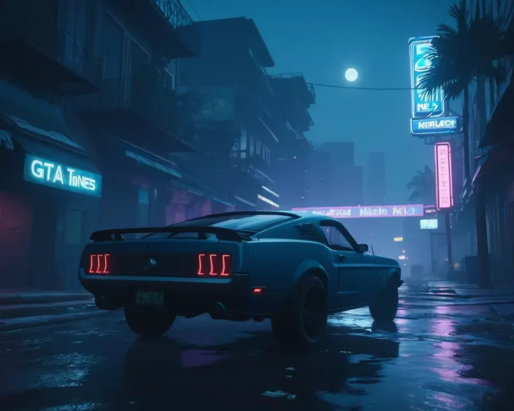 a homeless dirty man trying to steal a Ford Mustang Mach I on the streets of futuristic cyberpunk Neo New Orleans by moonlight, year 2099, GTA SCREENSHOT, UNREAL ENGINE 5, GTA GAMEPLAY IN MIAMI <lora:GTA_VI_Style:1>