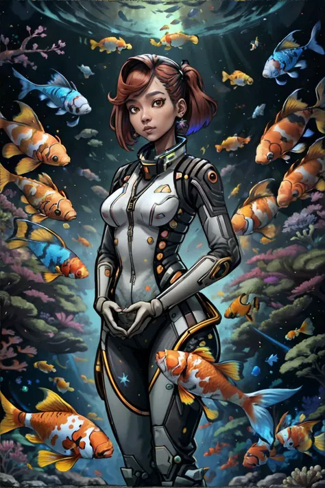 <lora:fishoutofwater:0.3> woman in exoplanet colonization site, new frontier settlement, terraforming efforts, pioneering spirit, reef-fish, gold-fish, koi-fish, masterpiece, 8k, high resolution, shallow depth of field, sharp focus