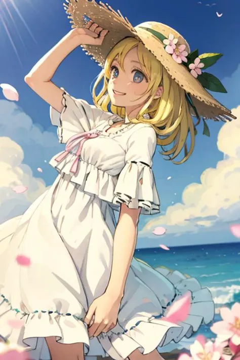 Yamanaka Ino, Summer dress, short yellow dress, wind, lifted dress, showing white thong. playa, sunny. Back
