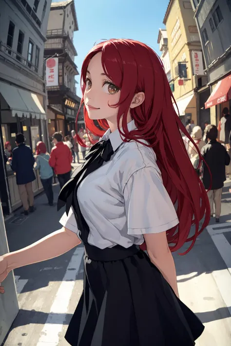 masterpiece, best quality,1girl,walking, street,smile,long hair,red hair,pov,looking at viewer, (wide shot:1.6),cowboy shot, side,from side,