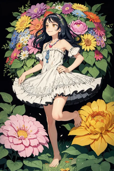 best quality,(masterpiece:1.3),ultra-detailed,[(white background:1.2):5],fullbody,solo:1.3,1GIRL, flat color, (colorful:1.2),(zentangle:1.3), (flowers:1.3),petals,gouache painting, classical,noble,collarbone, necklace,ornament,colourful dress,bare shoulders, bare back, shiny skin, shiny hair, long hair,barefoot, bare legs, delicate_features,pretty_face,bush,smiling,pure,lovely,