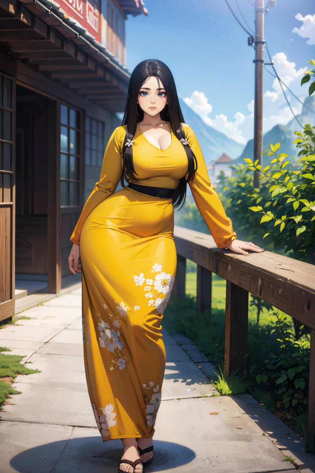 masterpiece, best quality, highly detailed, extremely detailed, 4k, 1girl, mature female, long hair, black hair, silky hair, thick thighs, thin waist, wide hips, curvy figure, voluptuous, cleavage, acmm ls outfit, wearing acmm top, olive green acmm top, long sleeves, wearing acmm long sarong, olive green acmm long sarong, printed sarong, standing, slutty pose, cowboy pose, full body, in a town, morning, looking at viewer, light smile, sweating, <lora:acmmOutfit:0.8>, <lora:thicc_v2.3:1.25>