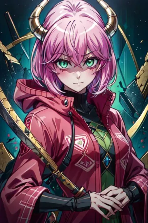 (best quality:1.1), (masterpiece:1.4), movie still, looking at viewer, upper body, , anime coloring, , 1girl, solo, <lora:akane_koumoto:0.82>, akane_koumoto, pink hair, green eyes, short hair, , outerwear, , A dark, foreboding castle where a wicked queen reigns,
