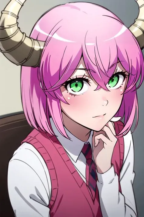 photorealistic, (4k), depth of field, (Masterpiece), (realistic skin texture), extremely detailed, intricate, hyper detailed, high resolution, professional photography, , depth of field, sharp detail, best quality, , 1girl, solo, <lora:akane_koumoto:1>, akane_koumoto, pink hair, green eyes, short hair, horns, , , ,