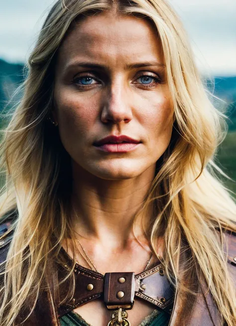 analog style, modelshoot style, A stunning intricate full color portrait of (35 years old sks woman:1) as (viking warrior), (barbarian), epic character composition, by ilya kuvshinov, alessio albi, nina masic, sharp focus, natural lighting, subsurface scattering, f2, 35mm, film grain, <lora:locon_cameron_v1_from_v1_64_32:1.3>