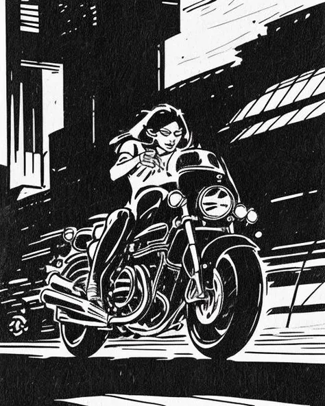 <lora:carlosgimenez:1> gimenez black and white drawing dynamic low shot of motorbike wheel, racing in a neo futuristic city, (speedlines) motion blur