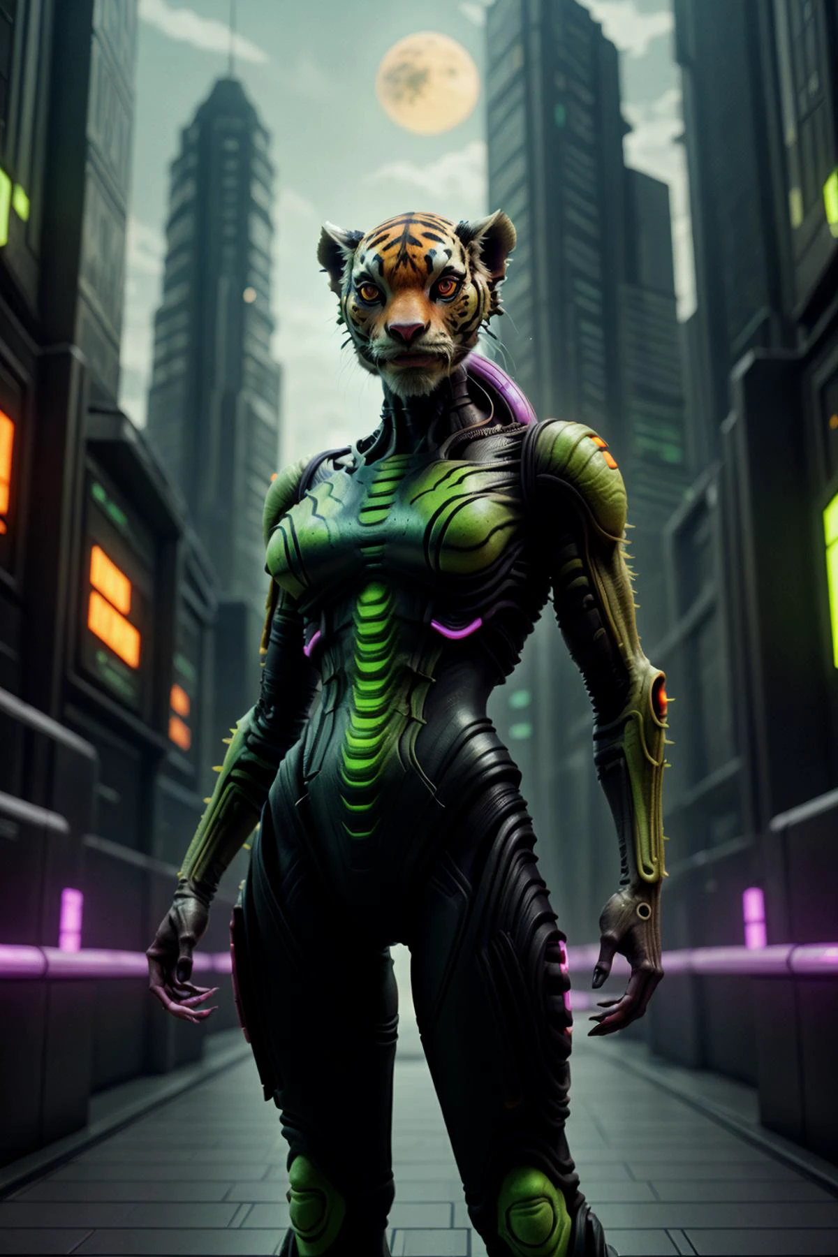 <lora:FemAlien:0.8> tiger, black, orange, pink, green, science fiction, femalien, cyborg,
highly detailed, cinematic, city background,
