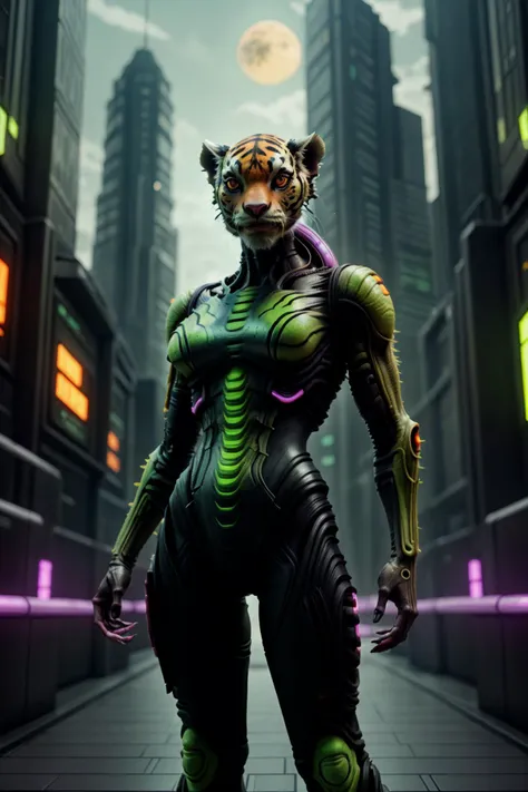 <lora:FemAlien:0.8> tiger, black, orange, pink, green, science fiction, femalien, cyborg, 
highly detailed, cinematic, city background,