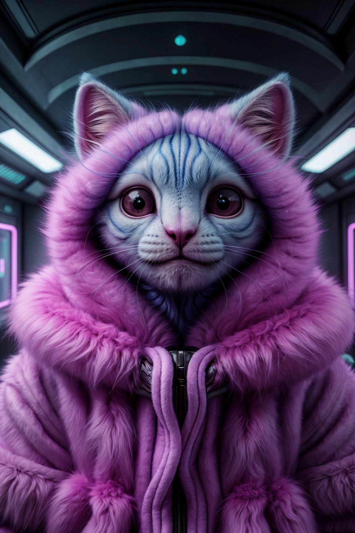 <lora:FemAlien:0.8> femalien, face, close-up, fluffy, (pelt:1.2), fur, soft, very hairy, cute, pink, orange, neon,
highly detailed, cinematic, city background, living room background