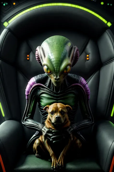 <lora:FemAlien:0.8> alien, dog relaxing in a armchair, black, orange, pink, green, science fiction, femalien,
highly detailed, cinematic, city background,