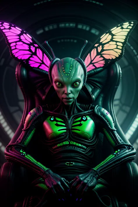 <lora:FemAlien:0.8> alien, butterfly relaxing in a armchair, black, orange, pink, green, science fiction, femalien,
highly detailed, cinematic, city background,