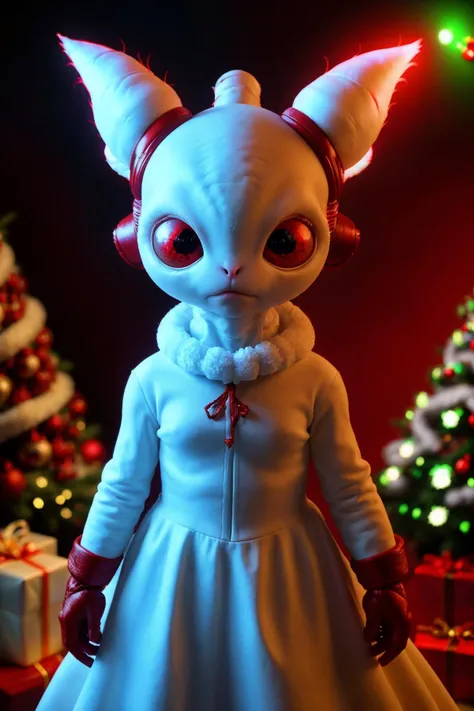 <lora:FemAlien:0.8> femalien, alien in a red christmas dress, red christmas hat with a white pompon on top, red glowing eyes, christmas treee in background with christmas lights, fluffy, cute, pointy ears,
cinematic, highly detailed,