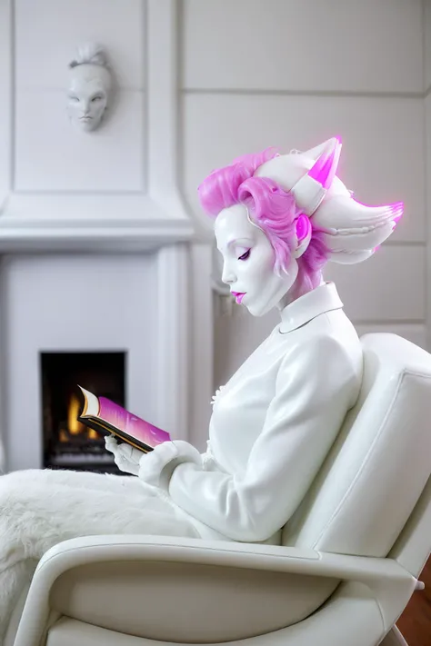 alien, white skin, (white lips:1.4), side profile, plastic, shiny, reflections, pink fluffy hair, hairy,
reading a book in a comfortable chair by a fireplace,
<lora:FemAlien:0.8>