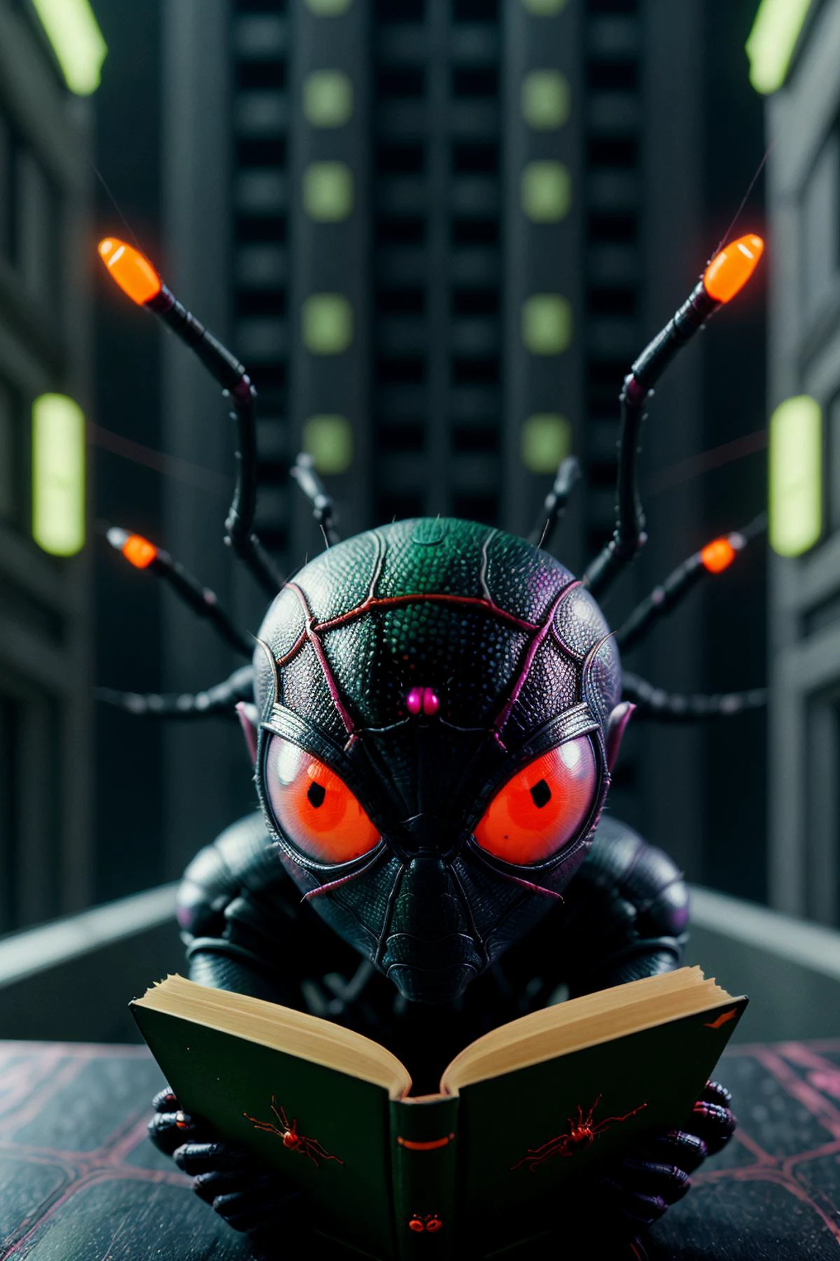<lora:FemAlien:0.8> spider, ant reading a book, black, orange, pink, green, science fiction, femalien,
highly detailed, cinematic, city background,