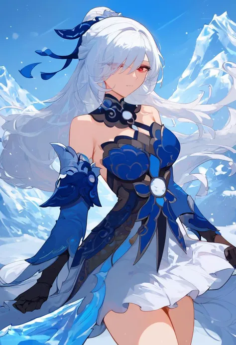 score_9, score_8_up, score_7_up, masterpiece, 4k, high quality, ((solo)), snow background, ice sword
hsrjingliu, white hair, high ponytail, red eyes, blue dress, blue sleeves, detached sleeves, black gloves, white skirt, bare shoulders