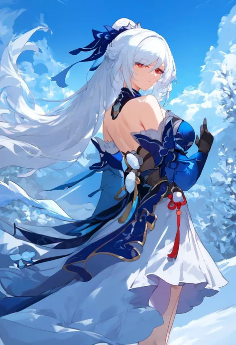 score_9, score_8_up, score_7_up, masterpiece, 4k, high quality, ((solo)), snow background
hsrjingliu, white hair, high ponytail, red eyes, blue dress, blue sleeves, detached sleeves, black gloves, white skirt, bare shoulders