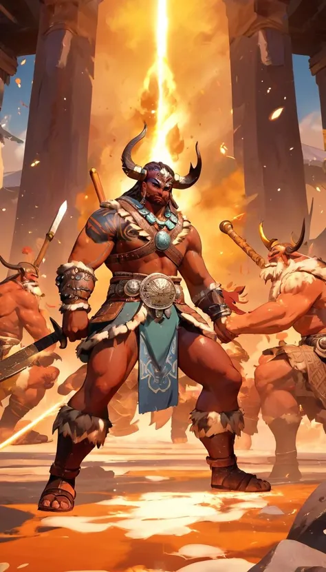 "Create a work of art of an imposing giant wearing a classic Greek outfit. He's shooting arrows with deadly precision at a fearsome three-headed dog in the dark underworld. A imagem deve retratar o ambiente repleto de lava fervente, shrouded in dense smoke and with flames dancing around. Don't forget to include the restless souls who wander the scenery, evoking a sense of despair and darkness."