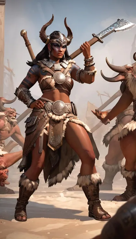 Cinematic scene, hero view, female d4b barbarian <lora:diablo_4_barbarian_xl_v1:1>, action pose, detailed background, masterpiece, best quality, high quality, absurdres