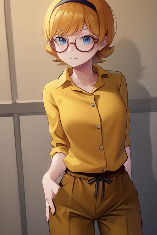 lotte jansson, yellow shirt, yellow pants, luna nova uniform, masterpiece, best quality