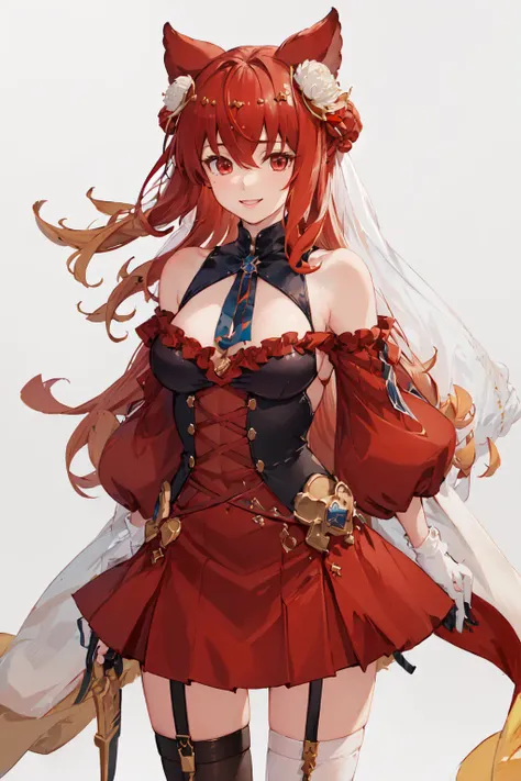 (masterpiece, best quality:1.2), <lora:granblue_anthuria-10:0.9>, cowboy shot, solo, 1girl, anthura \(holiday\), smile, looking at viewer, long red hair, bangs, hair between eyes, hair flower, red eyes, white thighhighs