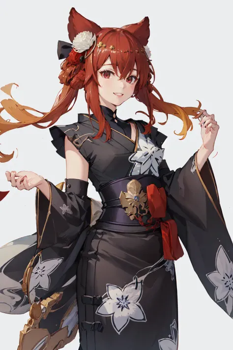 (masterpiece, best quality:1.2), <lora:granblue_anthuria-10:1>, cowboy shot, solo, 1girl, anthura \(yukata\), smile, looking at viewer, long red hair, bangs, hair between eyes, hair flower, red eyes