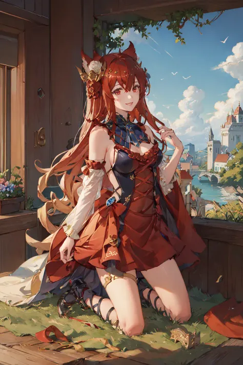 (masterpiece, best quality:1.2), <lora:granblue_anthuria-10:1.0>, solo, 1girl, anthura, smile, looking at viewer, kneeling, long red hair, bangs, hair between eyes, hair ornament, red eyes, sleeveless dress, detached sleeves, landscape scenery, grass, trees