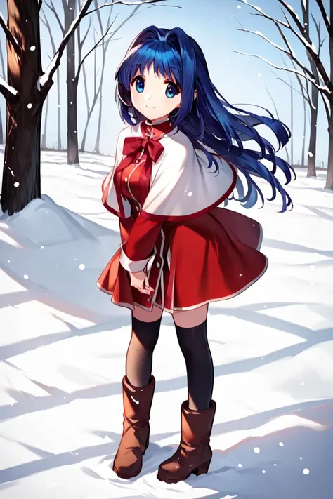 score_9, score_8_up, score_7_up, score_6_up, rating_safe, source_anime, best quality, masterpiece, detailed background, detailed eyes, outdoors, snow, <lora:minase-nayuki-xl-03:1.2>, minase nayuki, medium breasts, blue hair, blue eyes, kanon uniform, red uniform, white capelet, black stockings, brown winter boots, arm out, catching snowflakes, smile