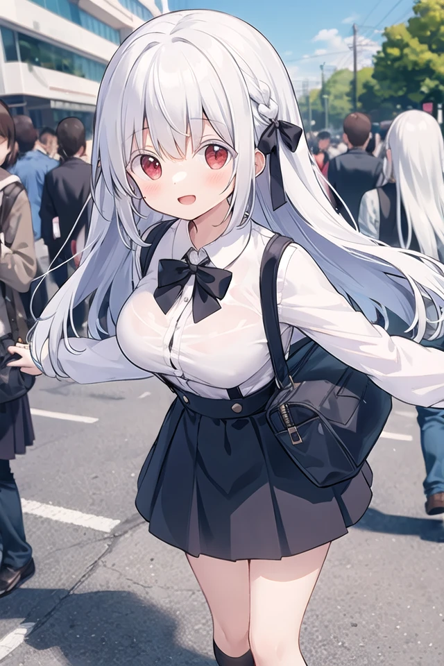 <lora:whiteeyelash_v080:1.5>
insanely detailed, absurdres, ultra-highres, ultra-detailed, best quality,
1girl, solo, nice hands, perfect hands,
BREAK
braid, shirt, holding, mary janes, socks, black skirt, long hair, white shirt, suspender skirt, white socks, long sleeves, ribbon, suspenders, standing, ruffles, black ribbon, bow , black bow tie, long skirt, black bow, neck ribbon, bowtie, bag
BREAK
happy smile, laugh, open mouth, standing,
45 angle,
cute pose, cowboy shot,
BREAK
slender, kawaii, perfect symmetrical face, ultra cute girl, ultra cute face, ultra detailed eyes, ultra detailed hair, ultra cute, ultra beautiful,
BREAK
in harajuku, shibuya, tokyo, street, crowd, cityscape,
BREAK
large breasts,
(white hair, red eyes:1.2)