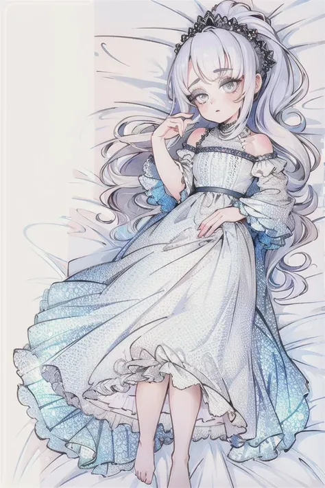 (Highest picture quality), (Master's work), (ultra-detailed), (Detailed eye description:1.2), masterpiece, best quality, 1girl, solo, <lora:Dakimakura:1>, dakimakura, on back, on bed, full body, white hair, ponytail, grey eyes, long hair, snake scales, pale skin, sad, embroidery, jewelery, frills, pantyhose, snow, white dress, long dress, <lora:test_little_papapa:0.8> IRIaStyle, chibi, <lora:whiteeyelash_v080:0.8>