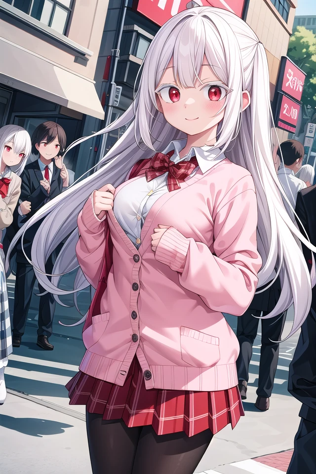<lora:whiteeyelash_v080:1.5>
insanely detailed, absurdres, ultra-highres, ultra-detailed, best quality,
1girl, solo, nice hands, perfect hands,
BREAK
(School Uniforms:1.2), (pink cardigan is fit body:1.4), ((do up a buttons, not loose):1.5), ((long sleeve, sleeves past wrists):1.2), (inner wear is white collared-shirt:1.3), (red plaid-pattern bow:1.3), (red plaid-pattern pleated skirt:1.3), ((dark-brown pantyhose, loafers):1.2)
BREAK
happy smile, laugh, closed mouth, standing,
45 angle,
cute pose, cowboy shot,
BREAK
slender, kawaii, perfect symmetrical face, ultra cute girl, ultra cute face, ultra detailed eyes, ultra detailed hair, ultra cute, ultra beautiful,
BREAK
in harajuku, shibuya, tokyo, street, crowd, cityscape,
BREAK
medium large breasts,
(white hair, red eyes:1.2)