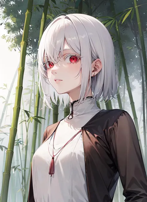 ((best quality)), ((highly detailed)), masterpiece, absurdres, (detailed eyes, deep eyes), (1girl), portrait, albino, white hair, short hair, red eyes, <lora:whiteeyelash:1.5>, eyelashes, very pale skin, <lora:skinnyv2:1>, skinny, (long legs), (outdoors, in a bamboo forest, noon)
